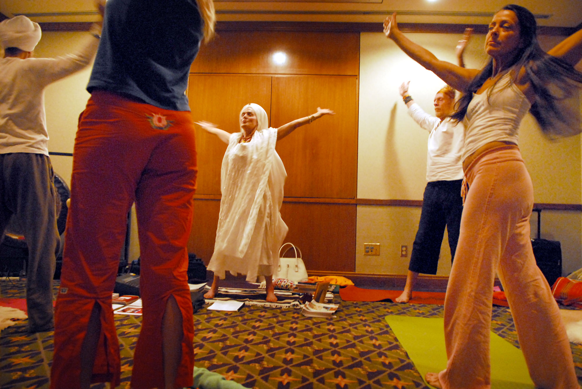 Gurmukh Kaur Khalsa of Golden Bridge Yoga Center in LA, leads a workshop during a Yoga Journal Conference in Boston, MA